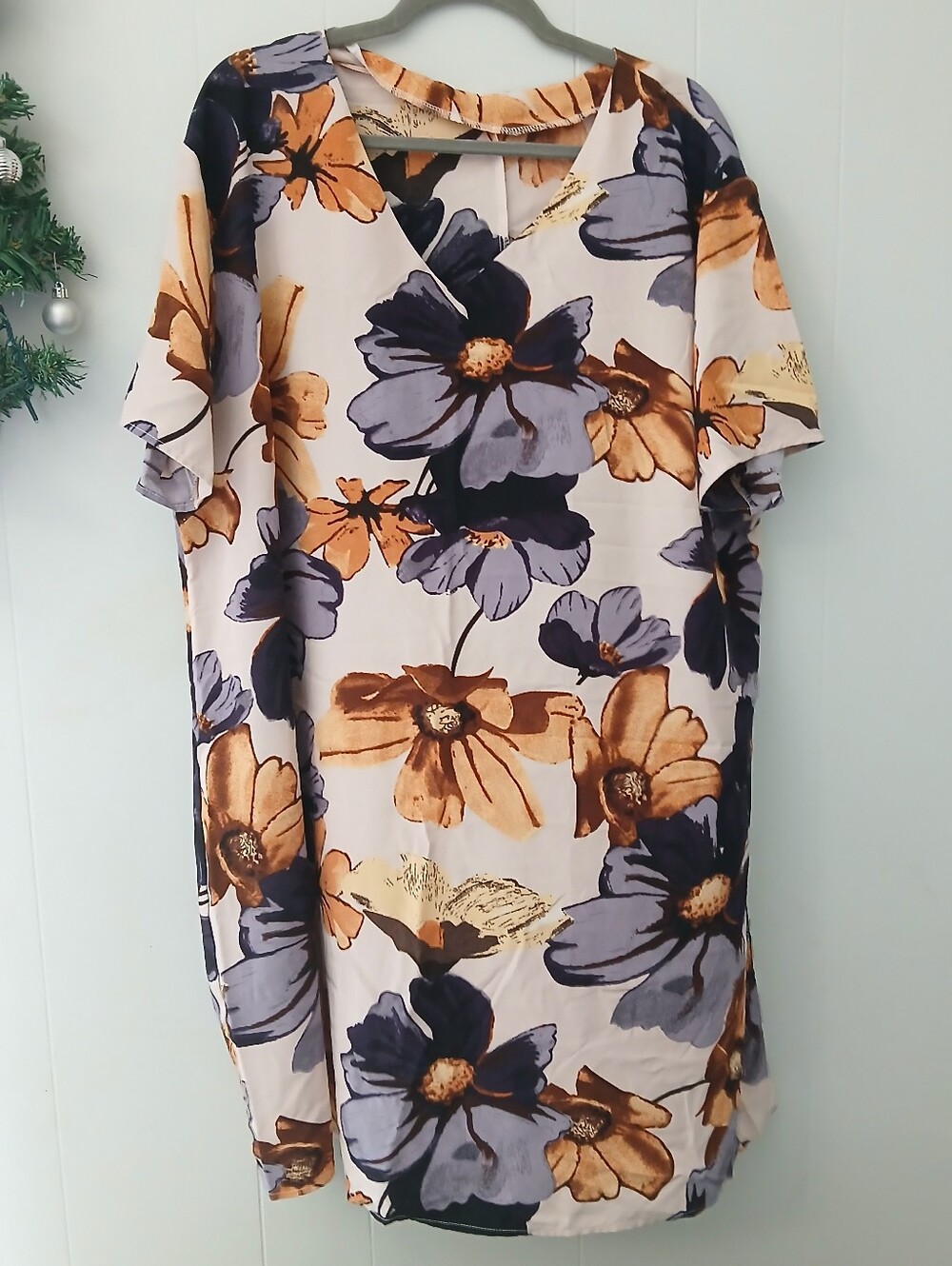 Floral V-Neck Mini Dress in Ivory with Blue and Brown Blooms